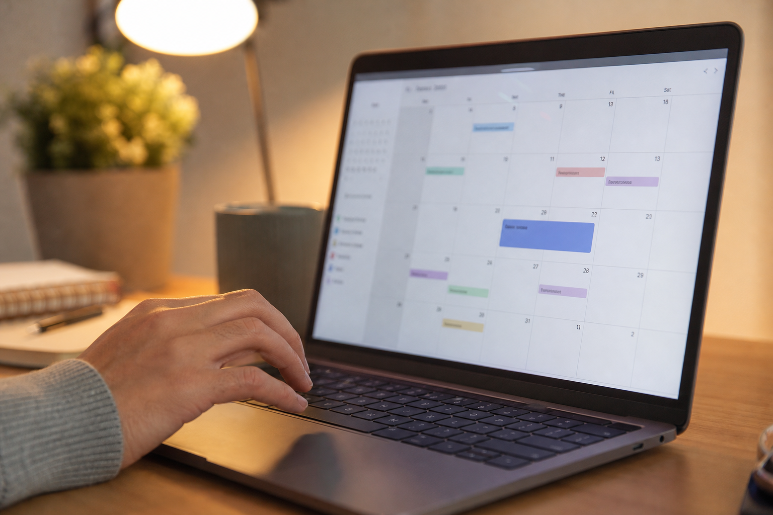 Close-up of a hand scheduling an appointment on a laptop calendar interface