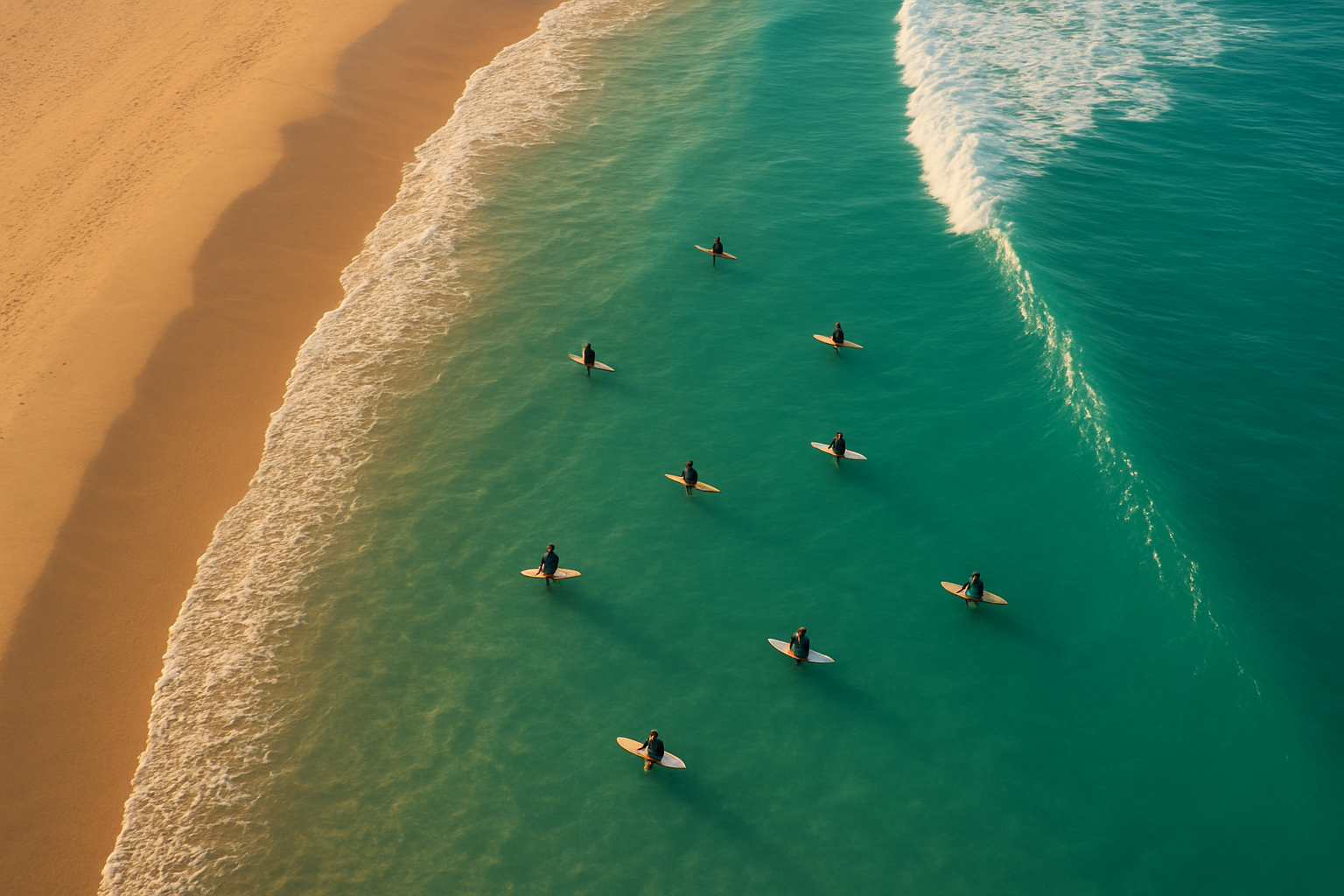 Aerial view of surfers waiting in the lineup at a sandy beach break with incoming wave sets