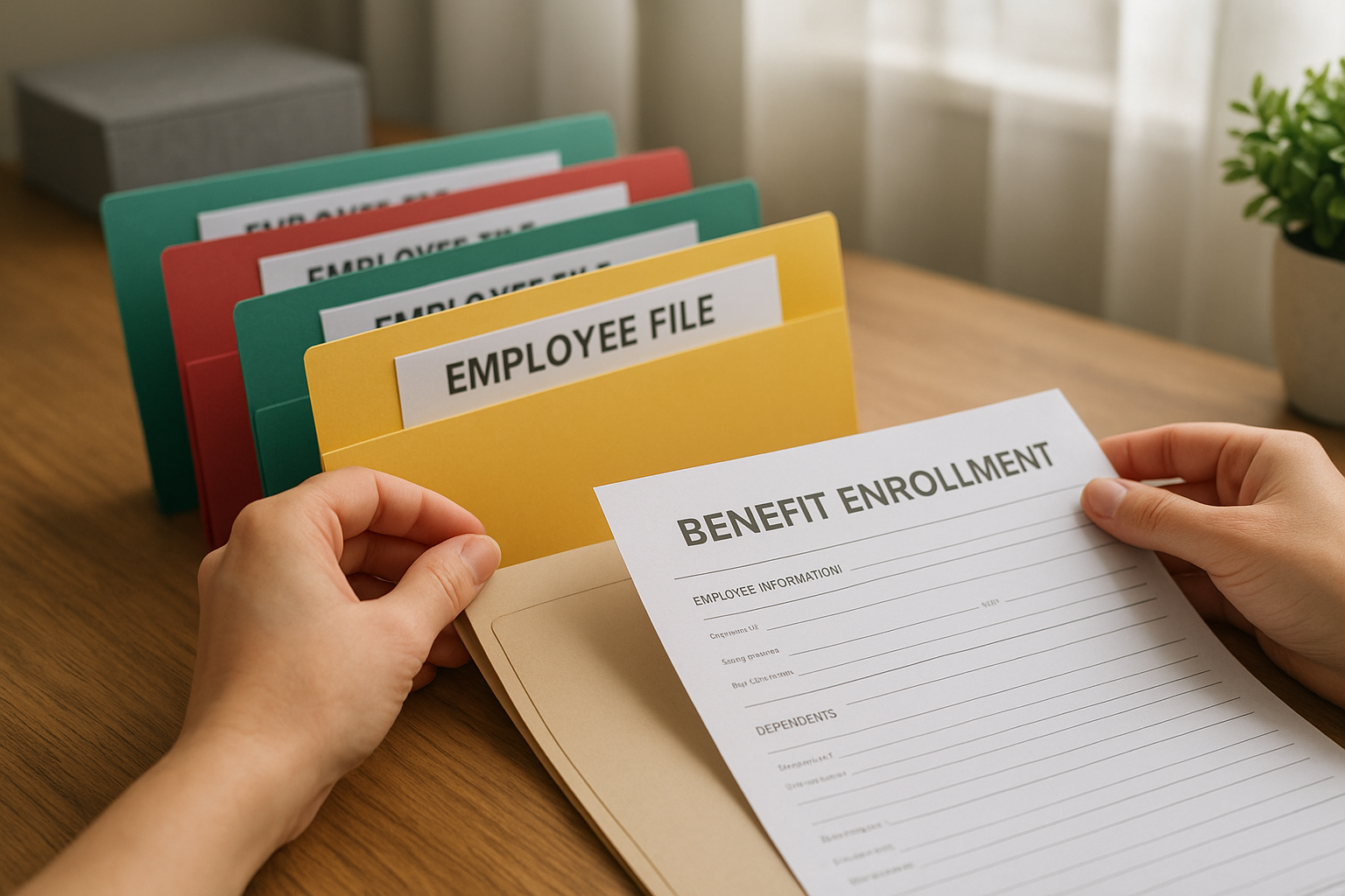 Organized employee files representing HR support for staffing agencies managing multiple worksites