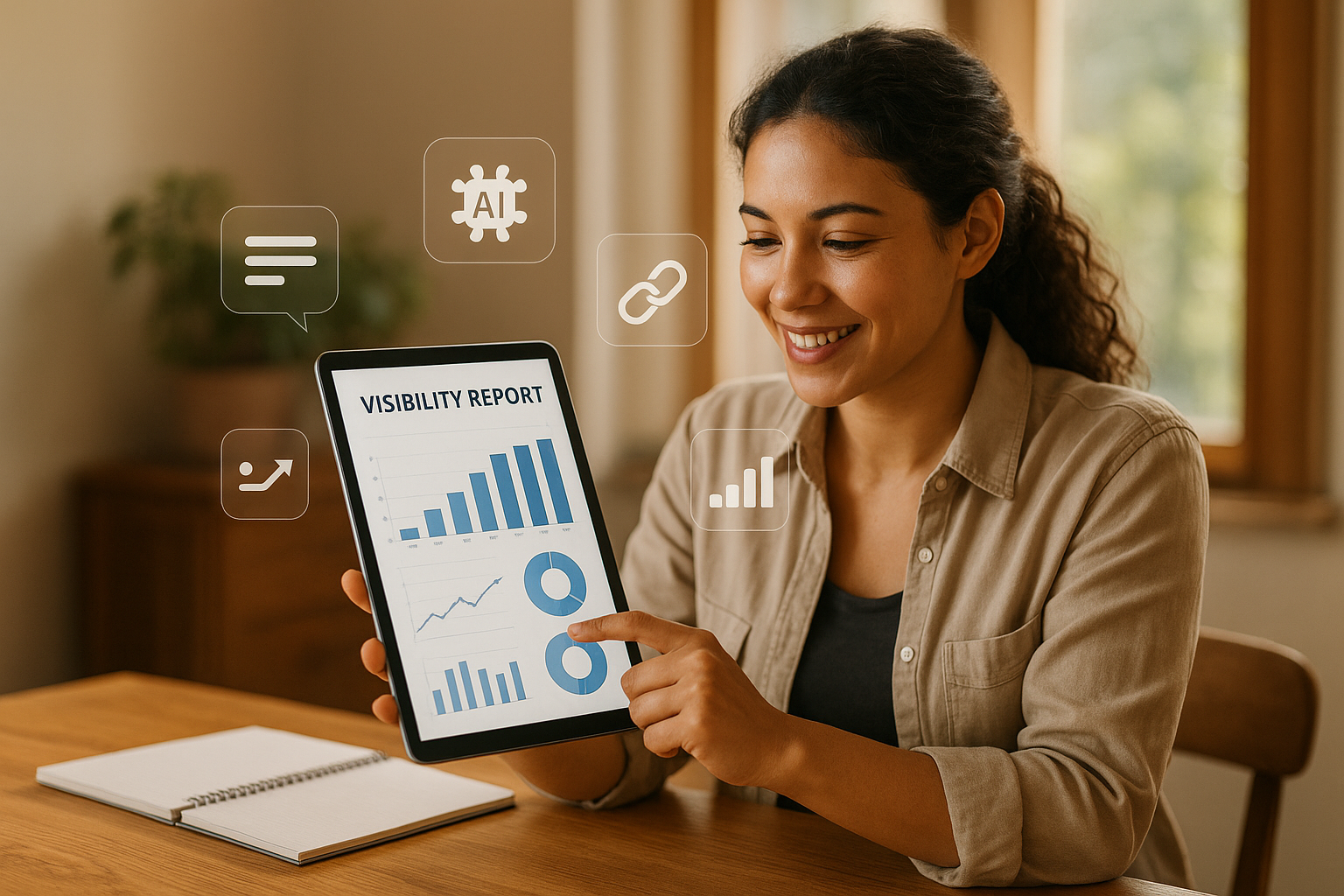 Small business owner reviewing an ai visibility tracking report on a tablet