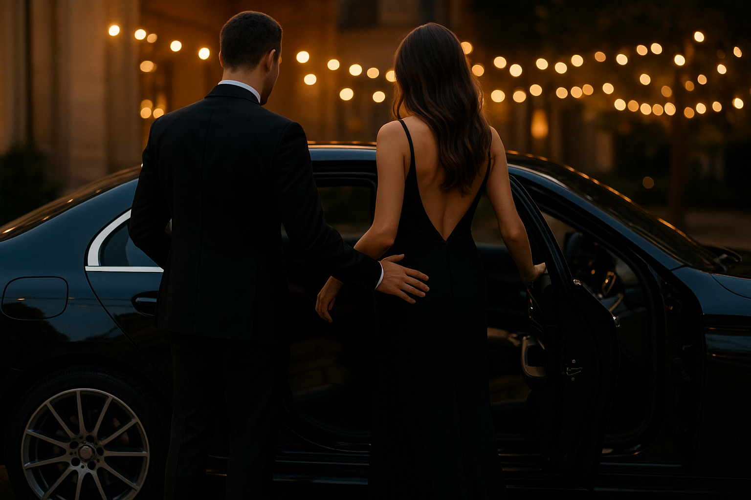 Couple entering a chauffeured luxury car for event transportation in Charlotte