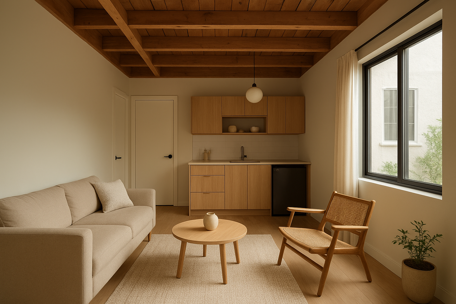 Cozy studio interior inside a converted garage ADU with kitchenette and living space