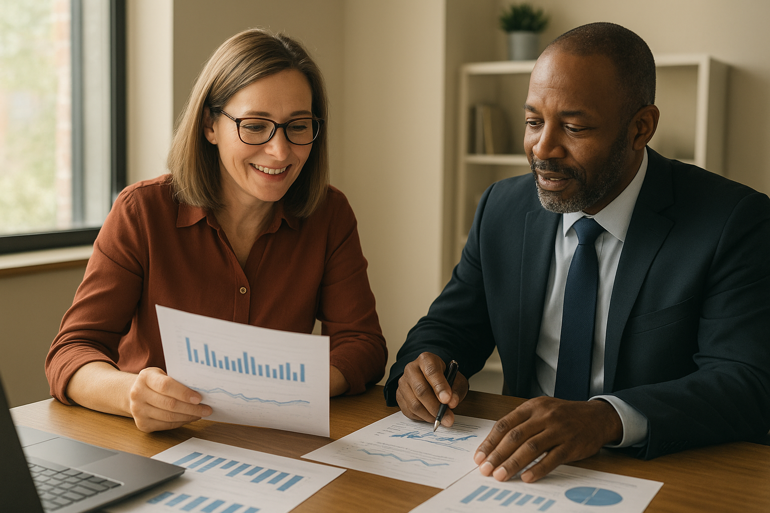 Small business owner reviewing financial advisory MN reports with an advisor Small business owner reviewing financial advisory MN reports with an advisor