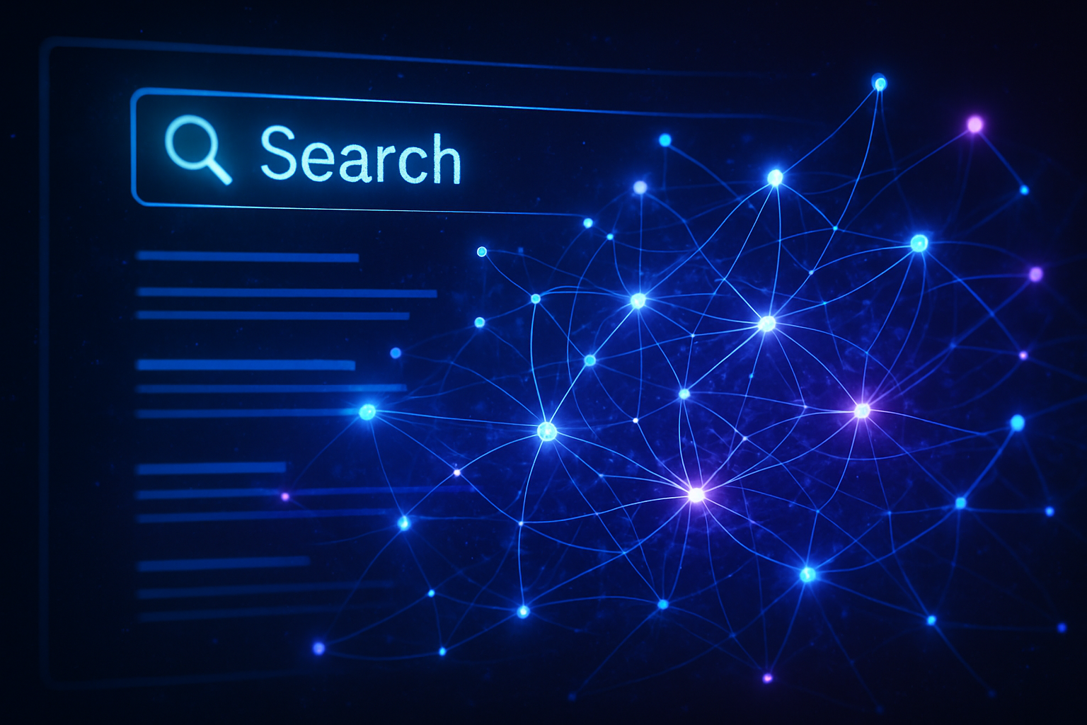 AI-powered search optimization concept showing neural network connections and automated SEO processes