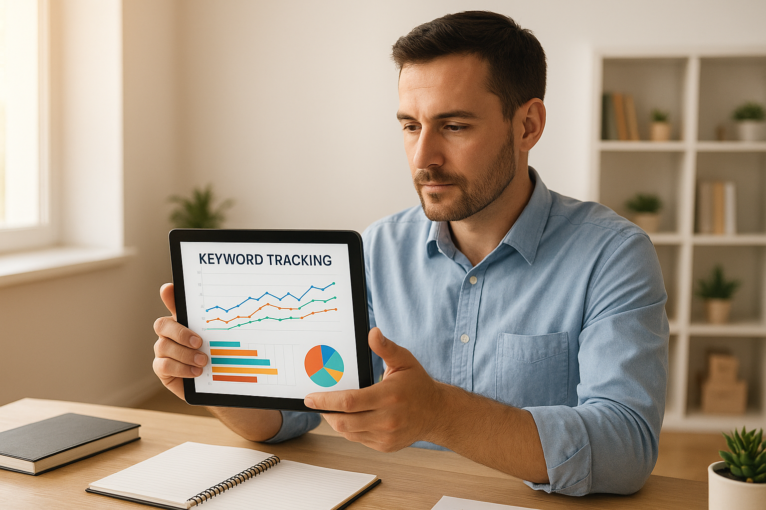 Business owner reviewing automated keyword tracking results on a tablet