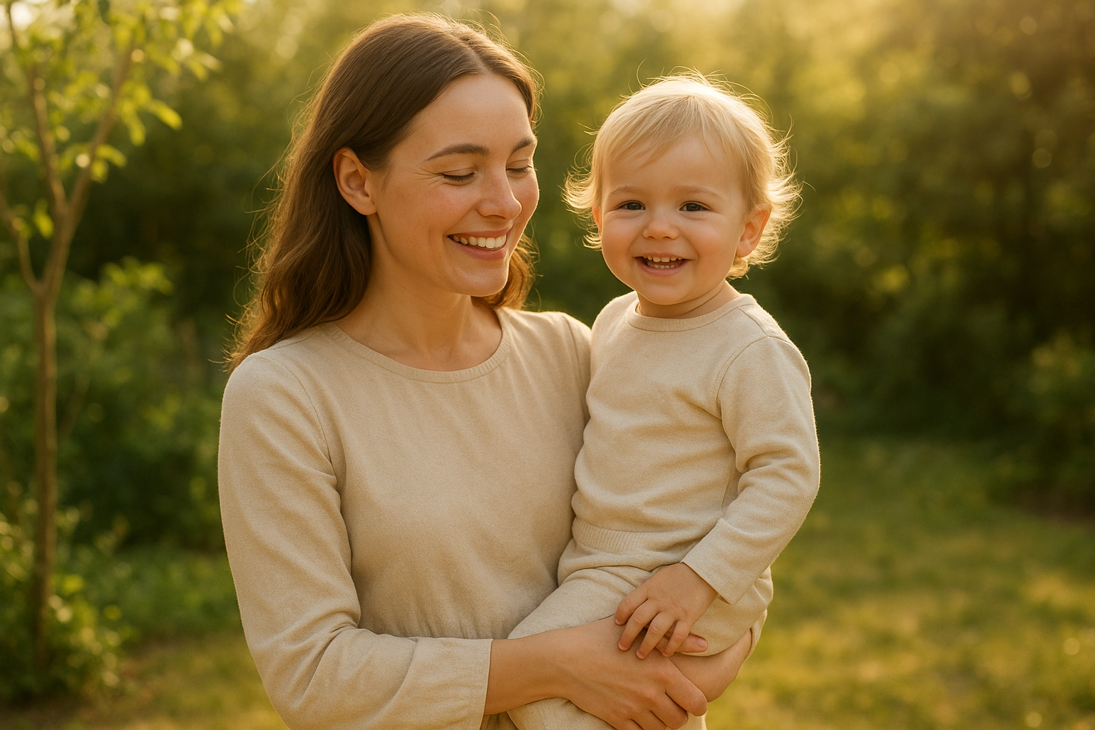Mother and toddler wearing sustainable maternity and children's fashion in a sunny garden