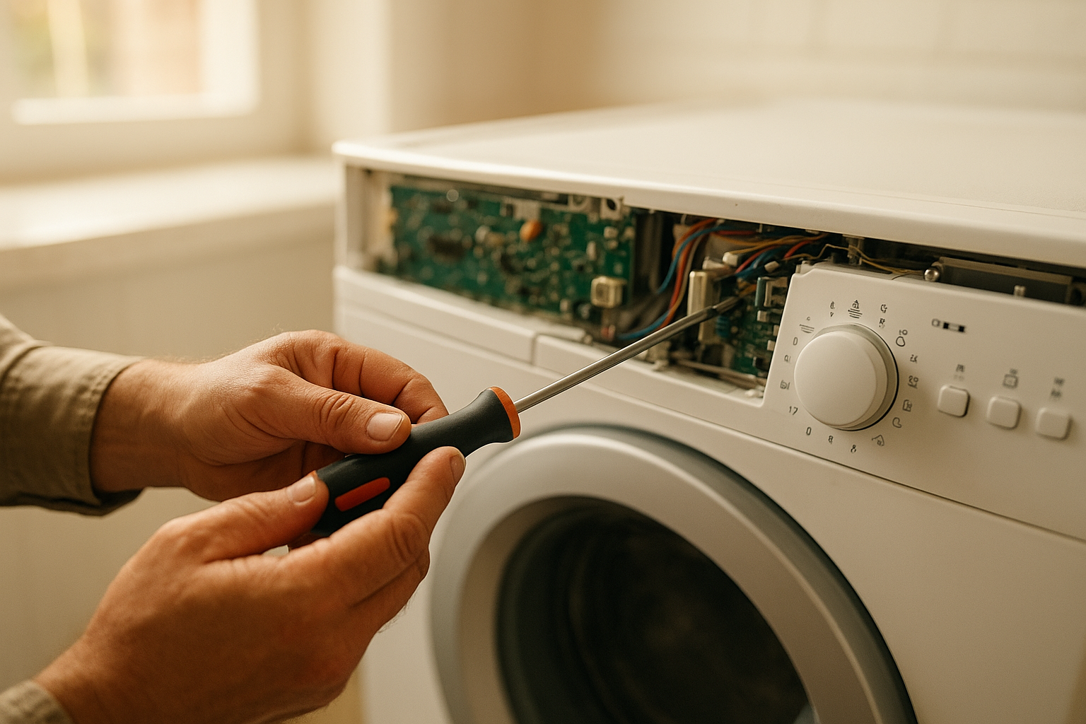 Close-up of hands repairing a front-load washing machine control panel