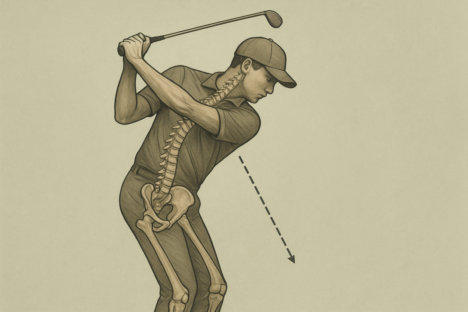Golfer at the top of the backswing showing hip and spine angles used in biomechanical swing control
