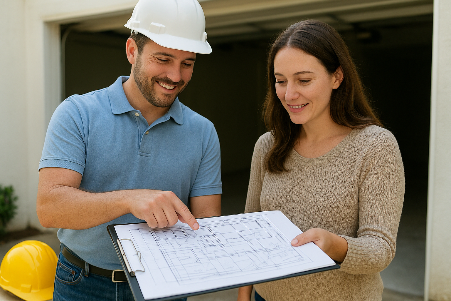 Contractor reviewing garage conversion blueprints with a homeowner during a site assessment