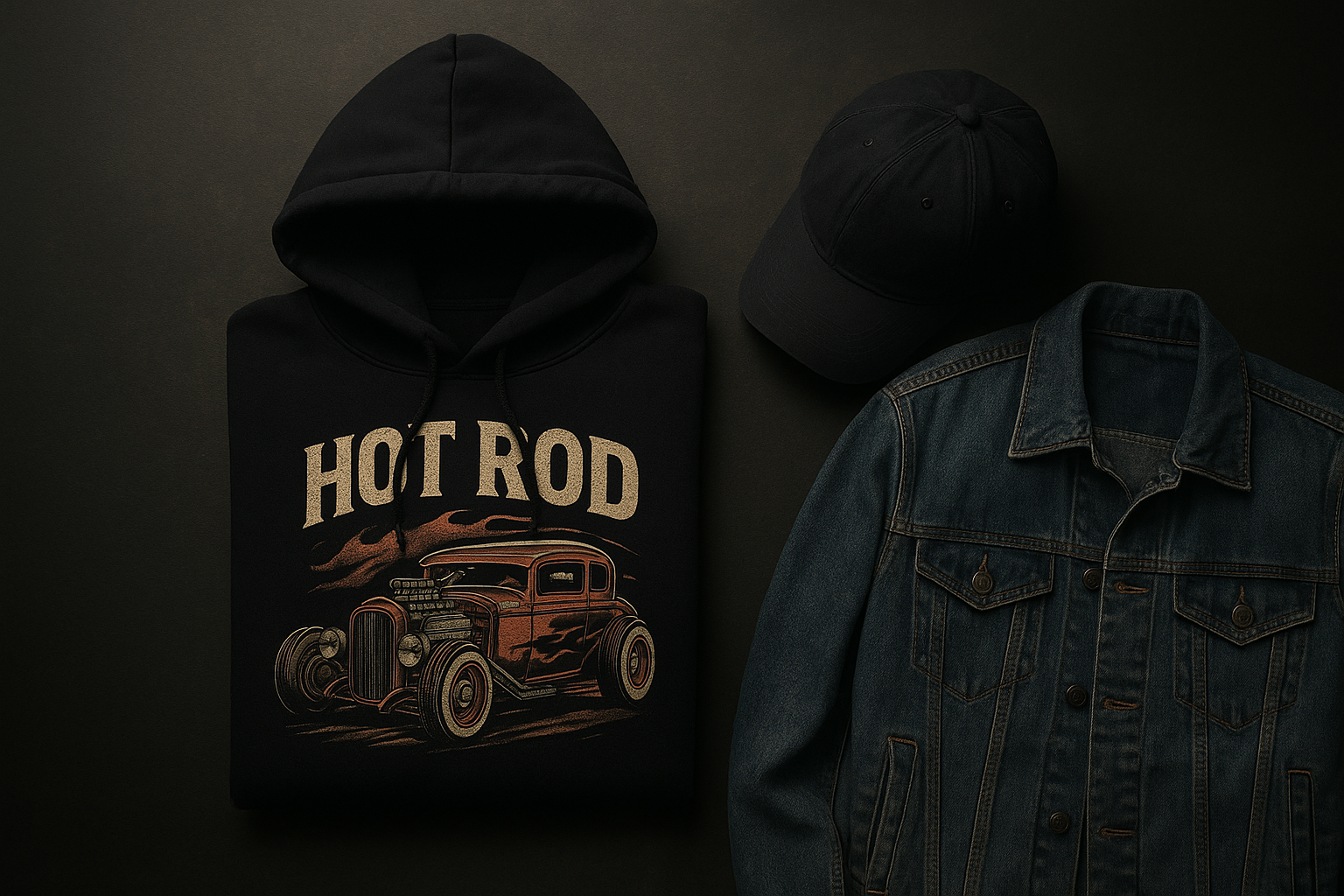 Flat lay of a graphic hoodie with hot rod inspired print next to a cap and jacket