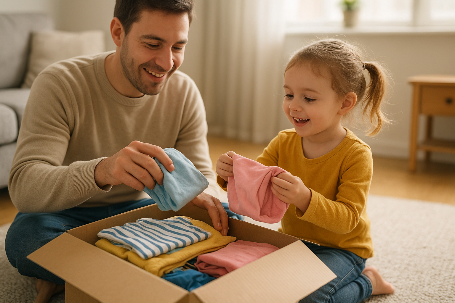 Parent and child unpacking a children's clothing rental delivery box at home
