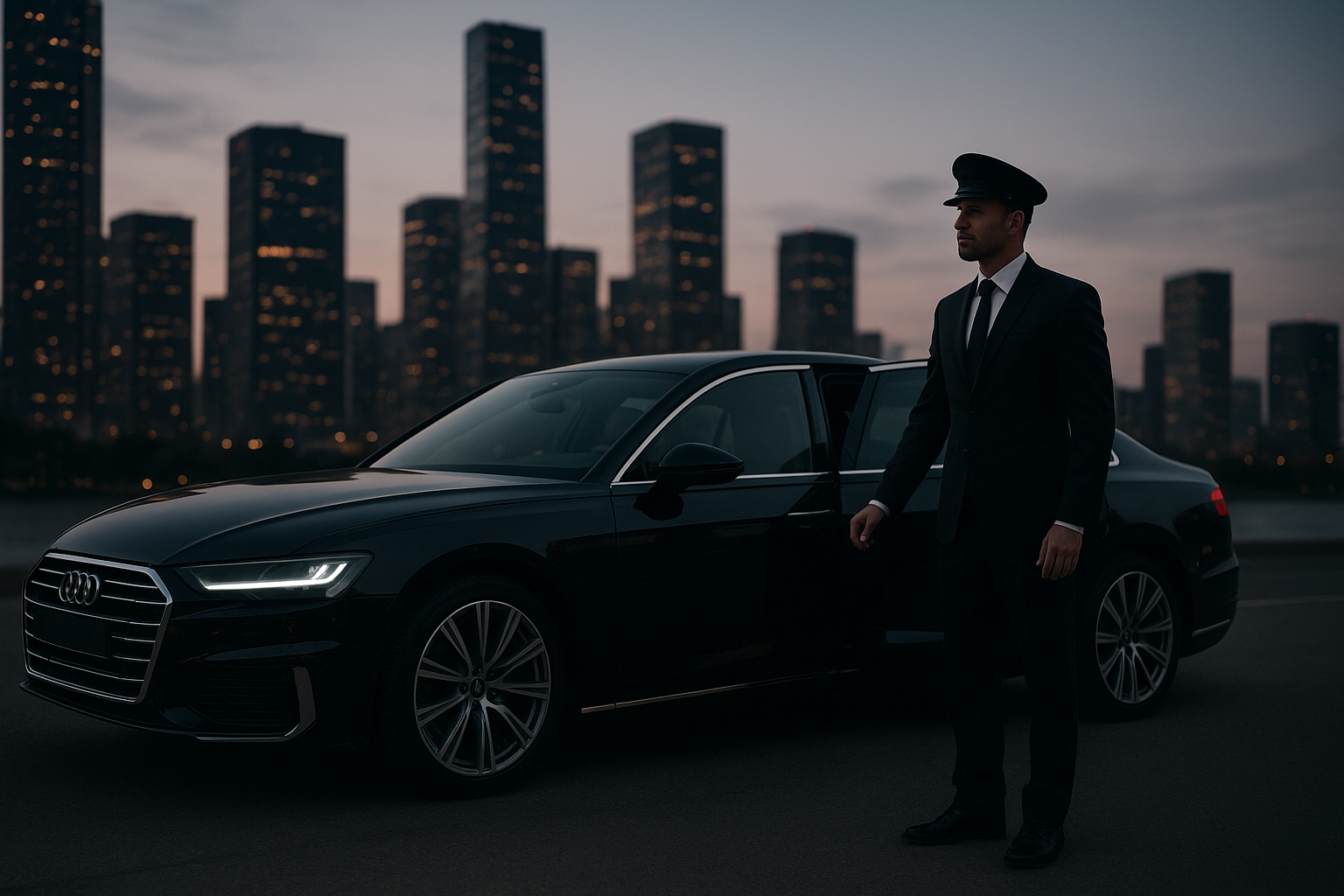 Chauffeur opening the door of a luxury car rental with driver Charlotte client