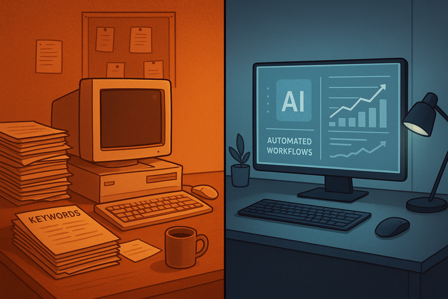 Comparison of traditional SEO workflow versus modern AI-powered SEO optimization process