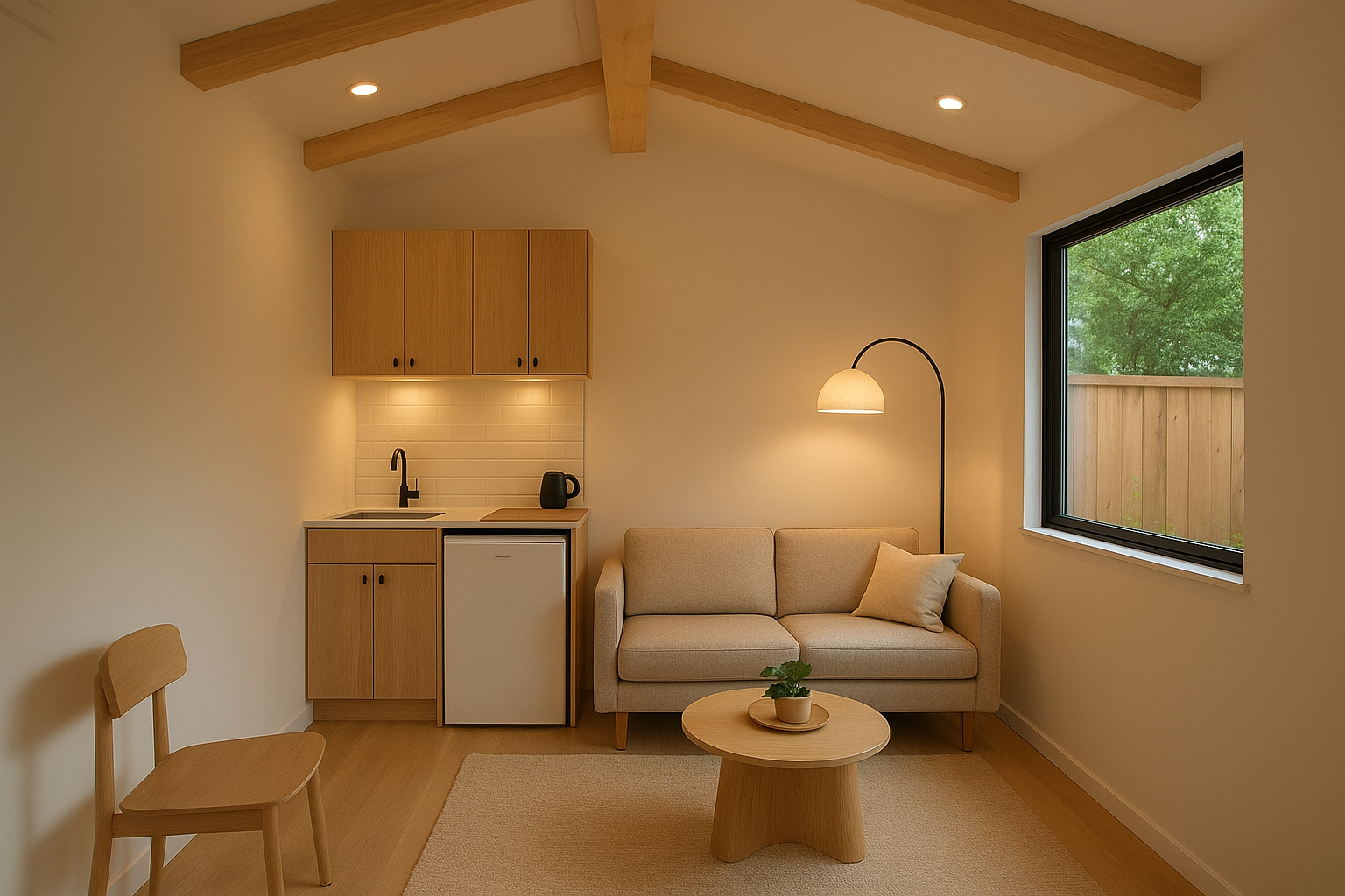 Garage conversion ADU interior with kitchenette and living space completed by a construction team