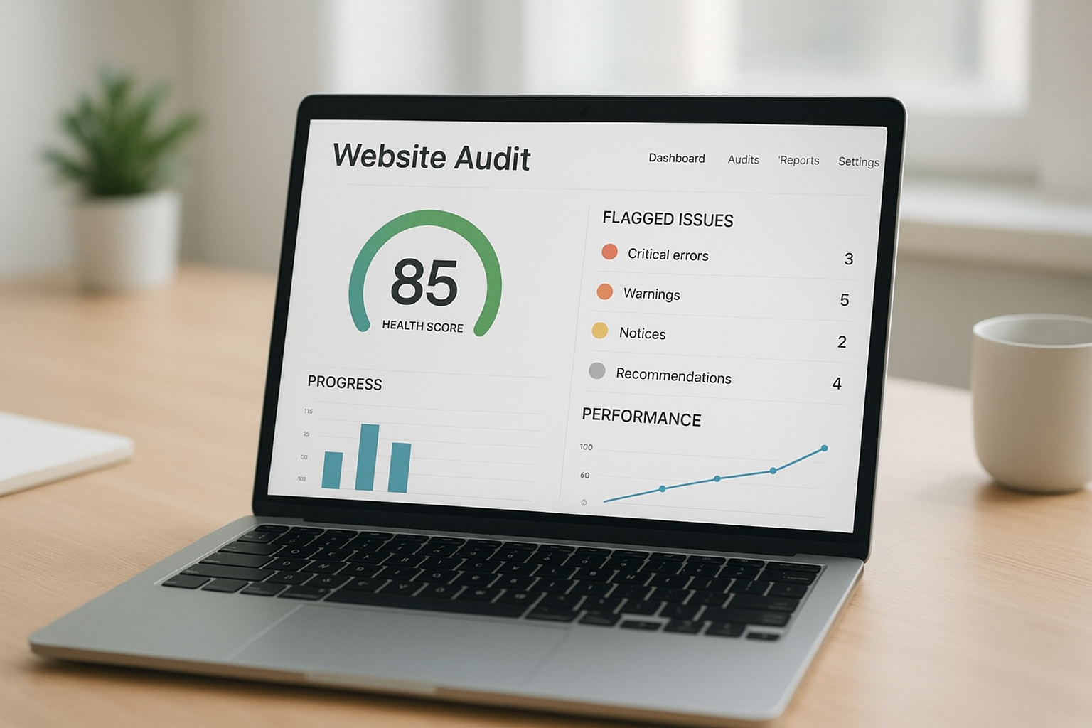 Laptop showing a site audit tool free dashboard with a website health score and flagged issues
