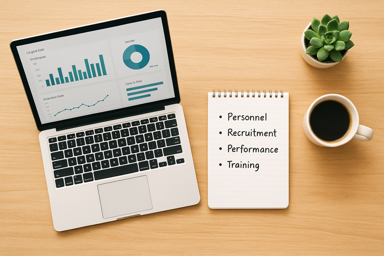HR dashboard and planning materials representing the process of outsourcing HR activities for a growing business