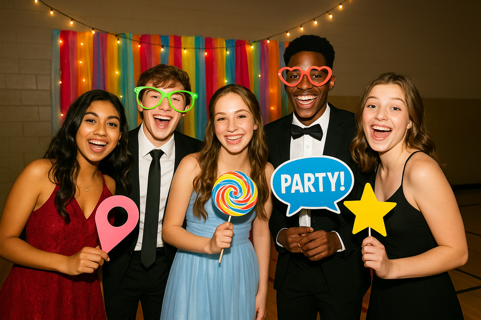 Guests posing with props at a school formal using a rented photo booth in Indiana