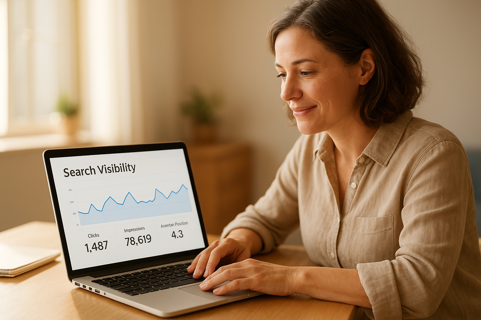 Business owner reviewing AI search visibility reports on a laptop