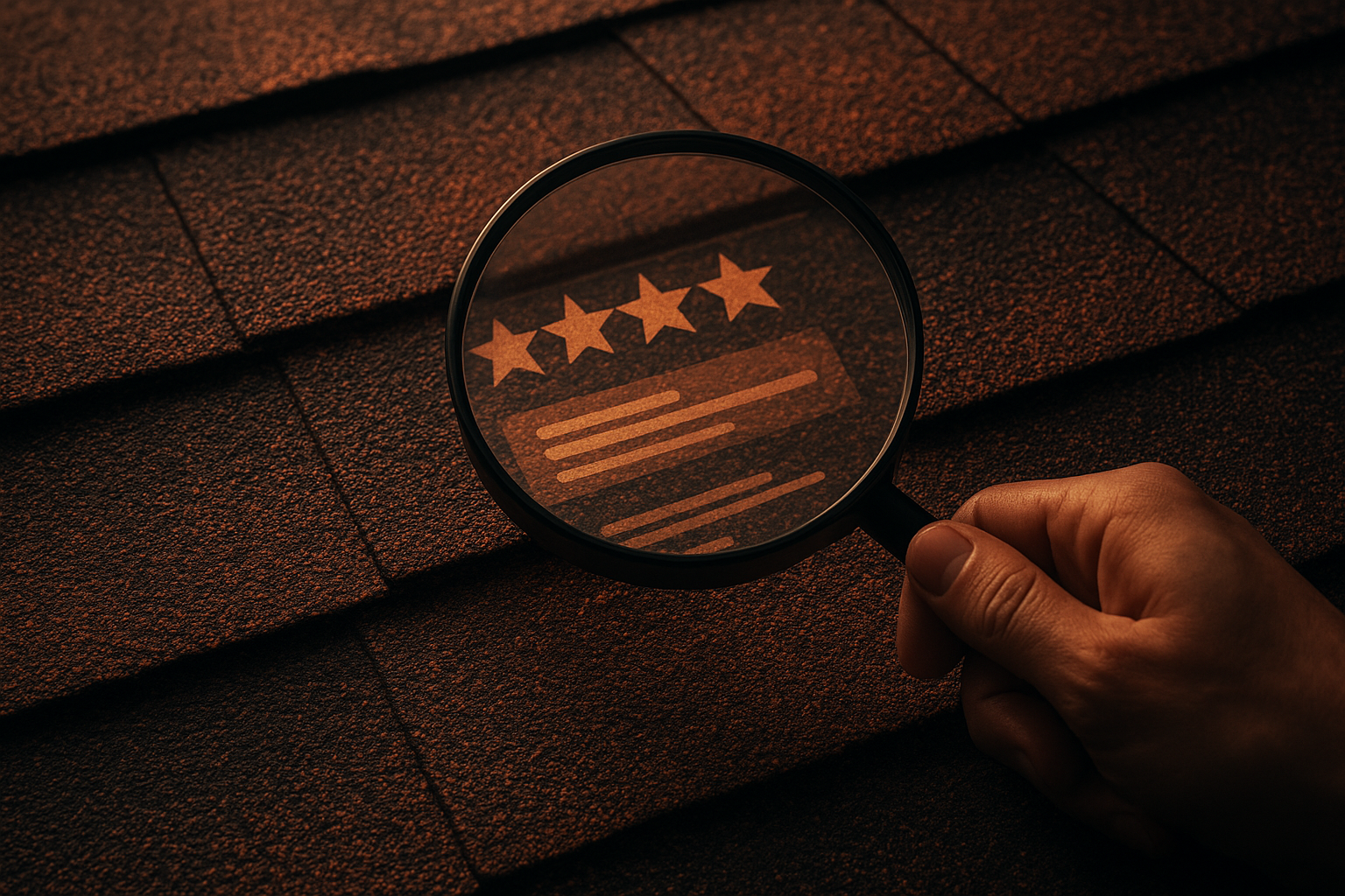 Magnifying glass over a shingle roof representing review complaint analysis for roofing ad campaigns