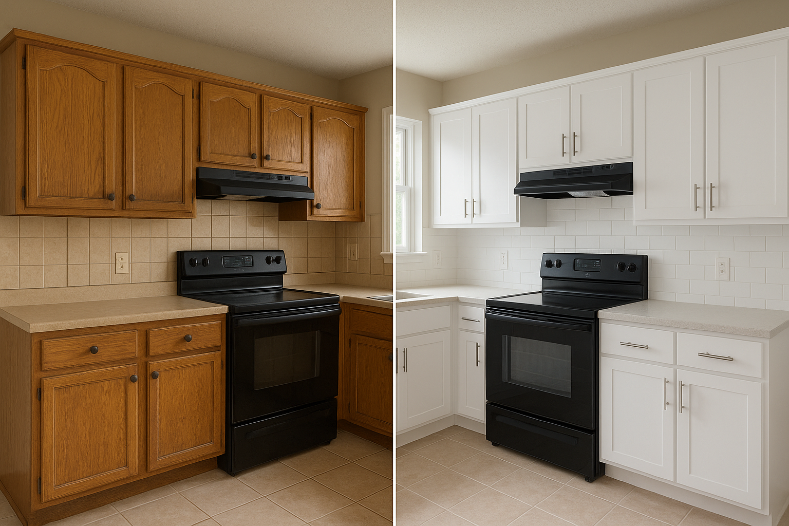 Before and after comparison of a kitchen transformed through custom cabinet refacing