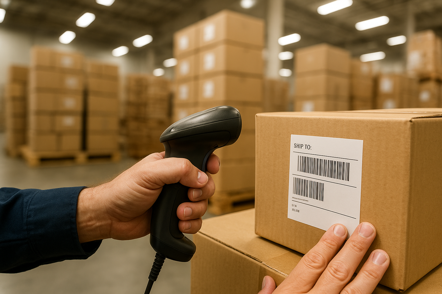 Warehouse worker scanning freight for a logistics broker's carrier network