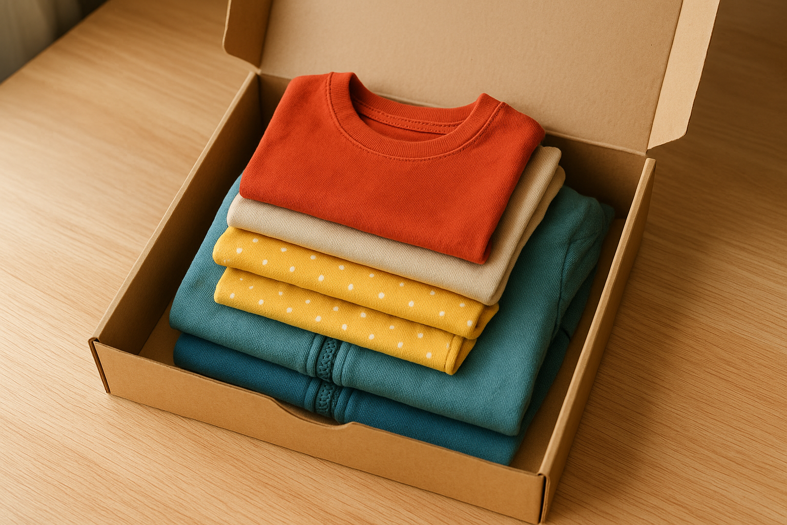 Curated bundle of children's clothing ready to ship as part of a rotating kids clothing service