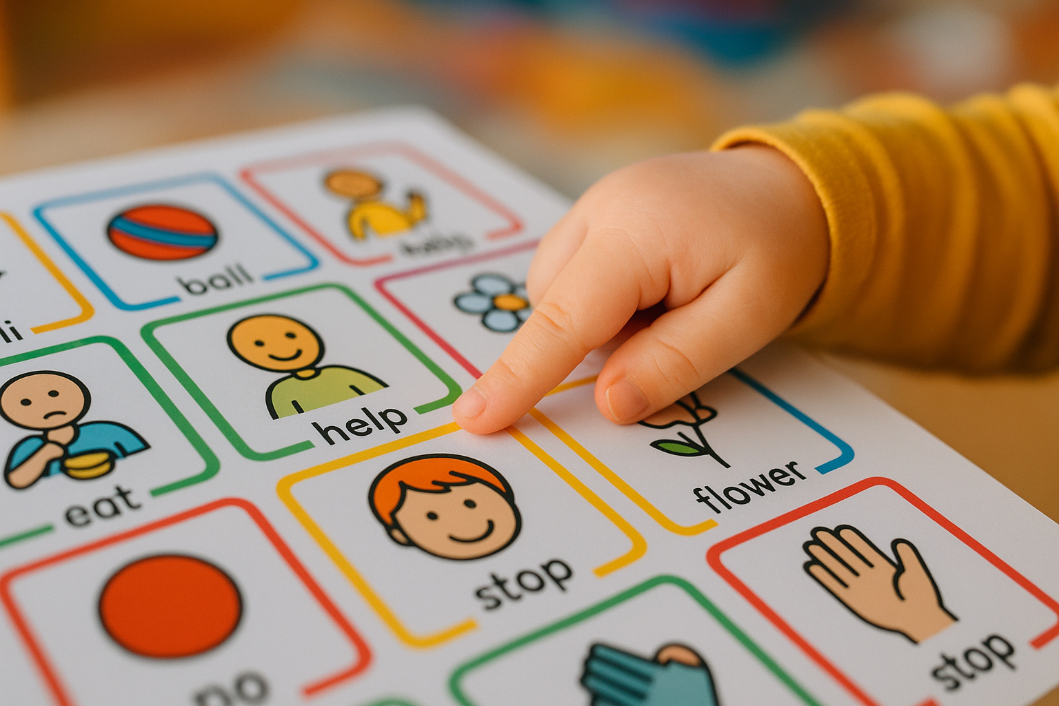 Child pointing to pictures in a core vocabulary AAC book