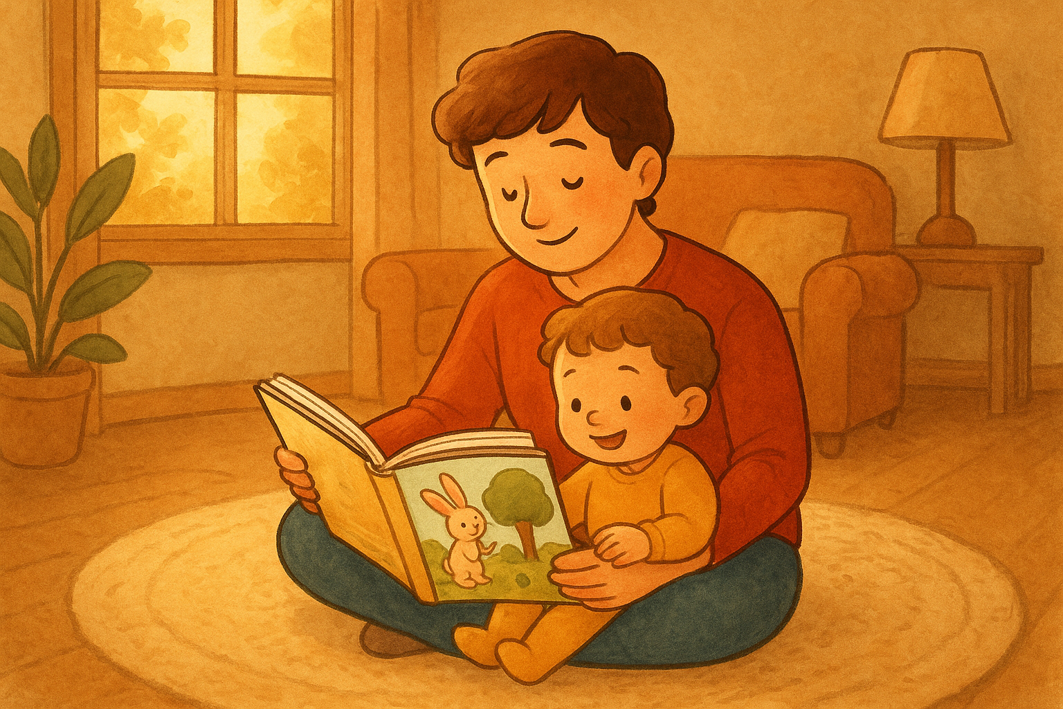 Parent using story-based speech and language activities with a toddler at home