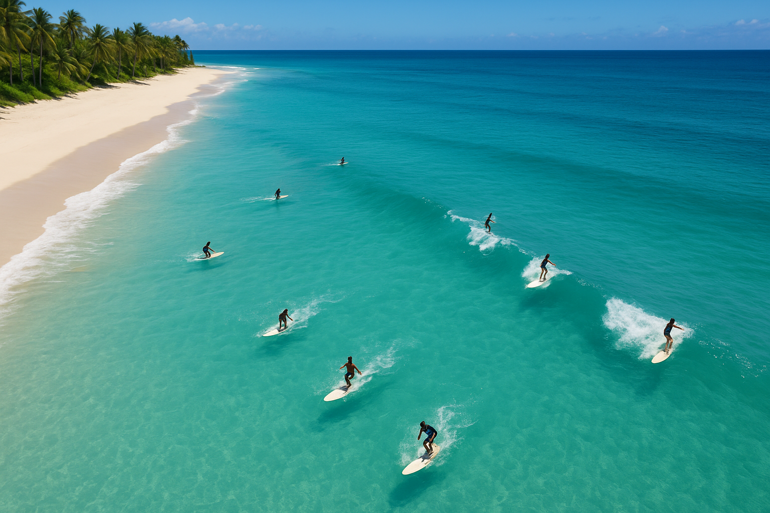 Aerial view of surfers riding gentle waves at a tropical beach similar to Waikiki surfboard conditions