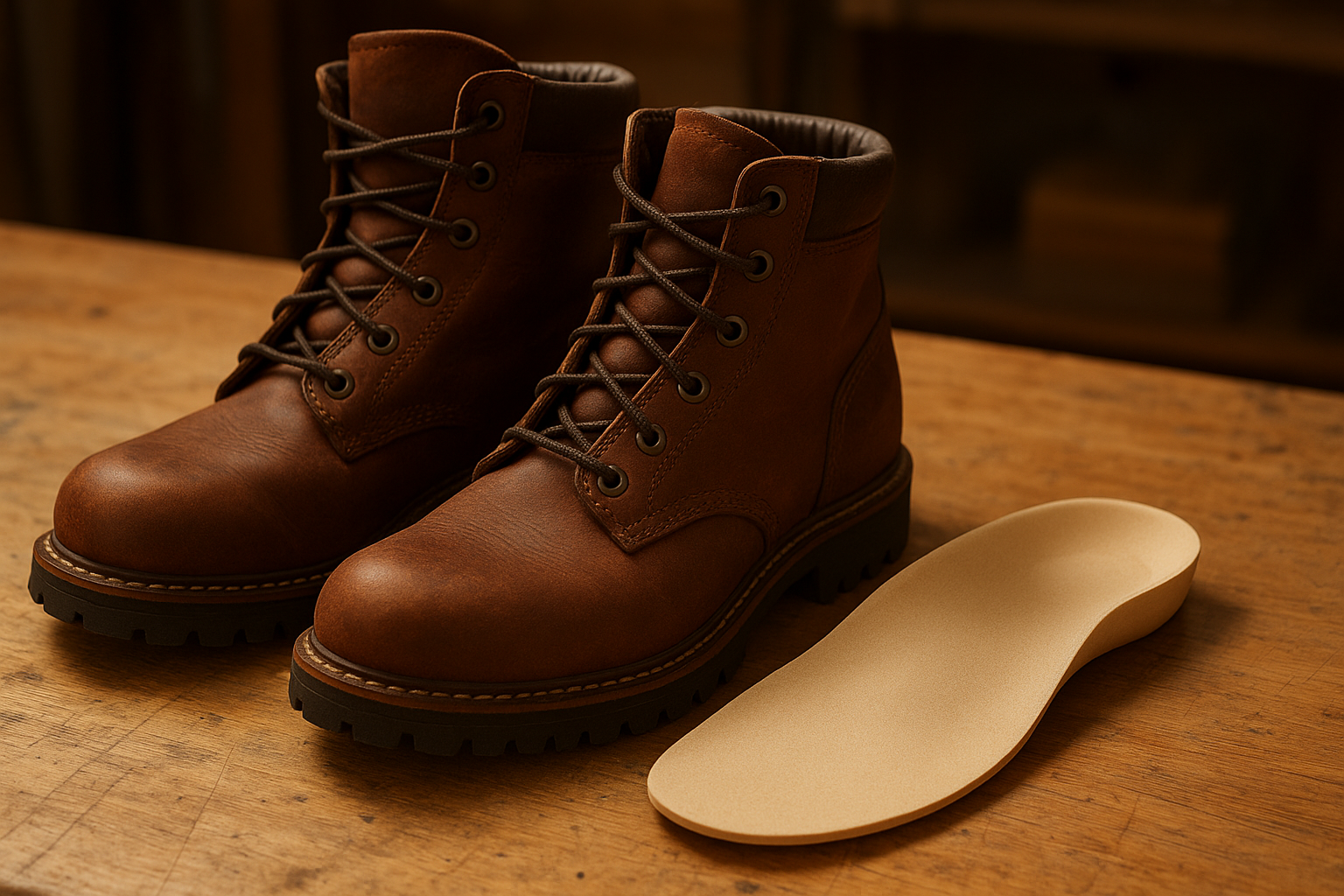 Custom orthotic inserts for boots displayed beside a pair of work boots showing arch support detail