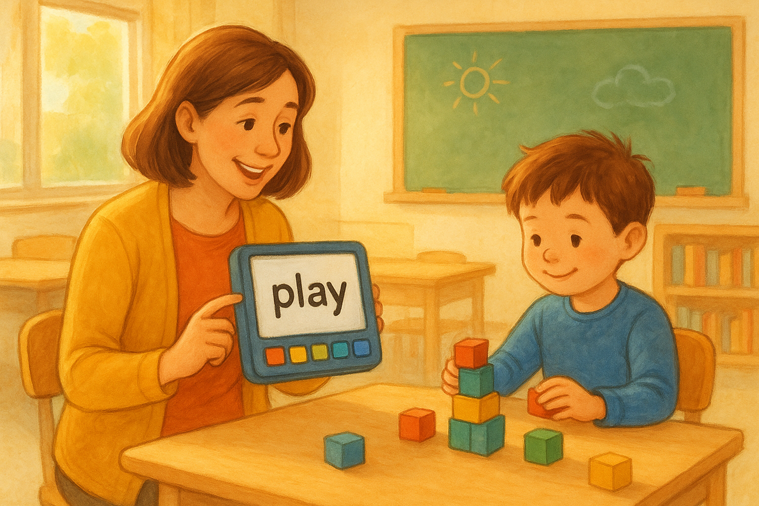 Teacher modeling a core word on an AAC device while a child plays during a story-based activity