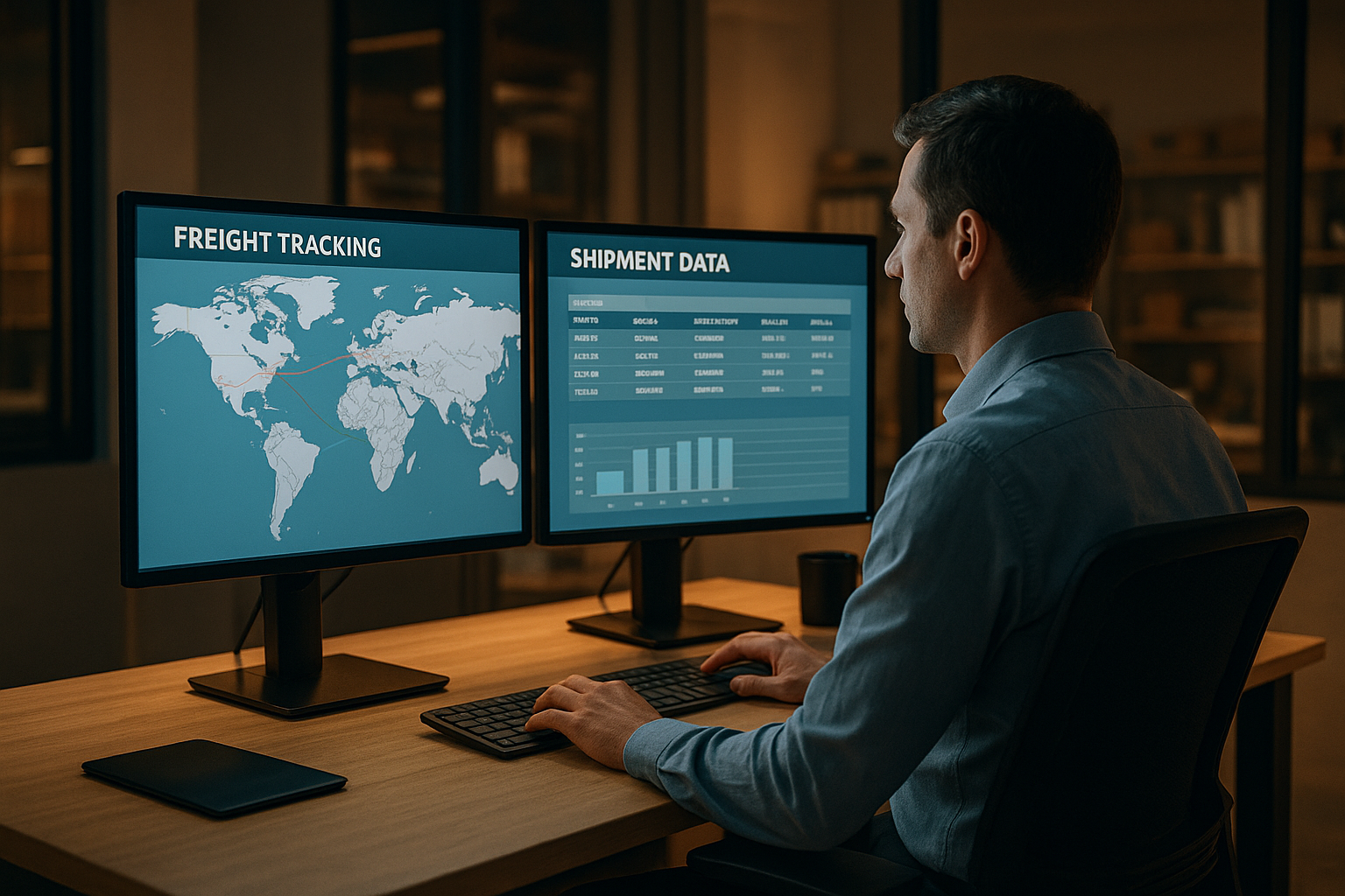 Logistics agent tracking freight shipments on dual computer monitors