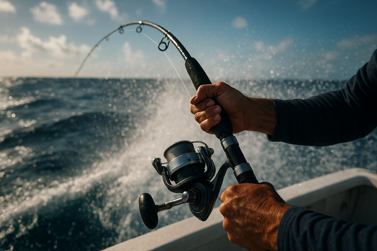 Angler reeling in a catch during a deep sea fishing trip off the Grand Strand coast