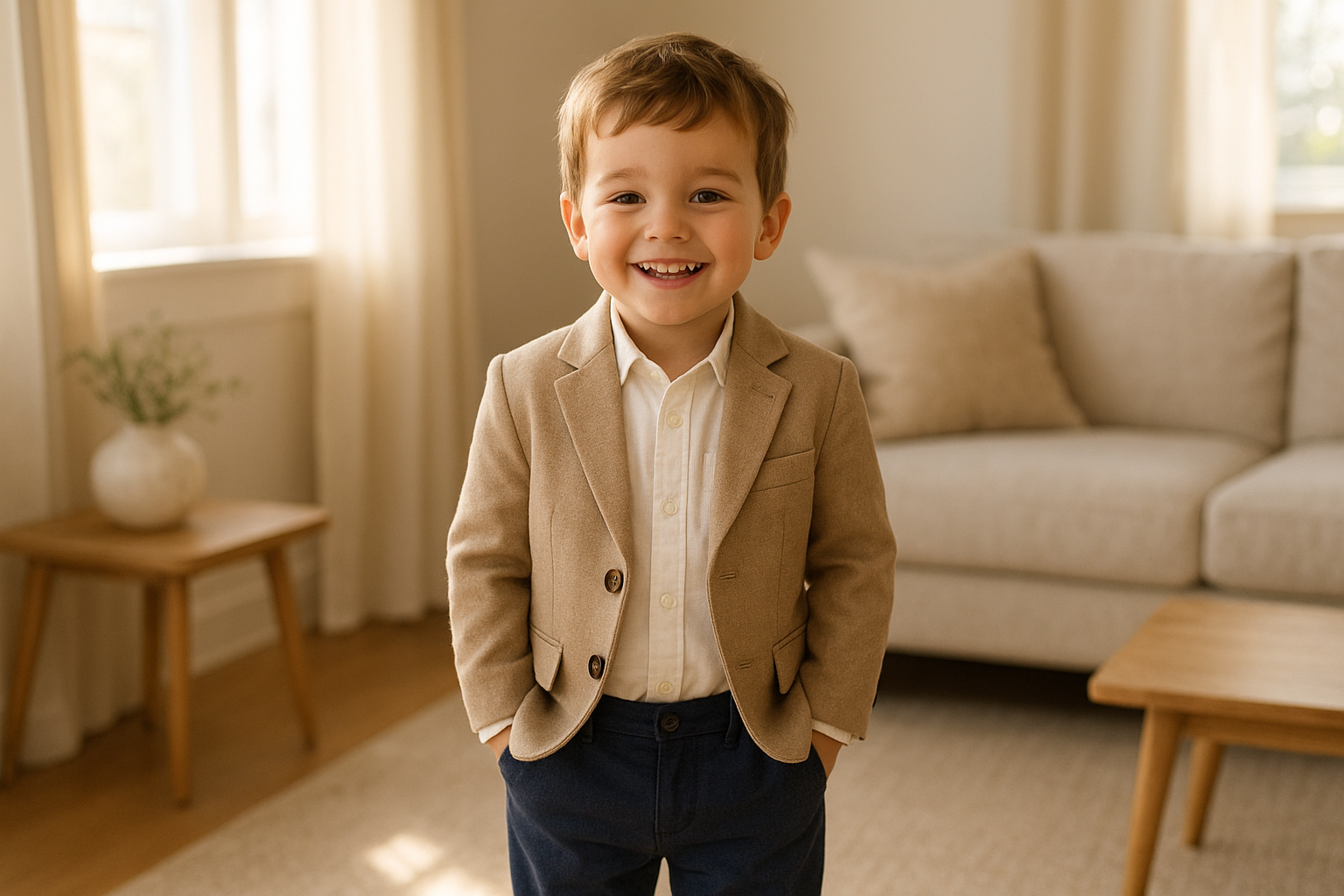 Happy young child wearing premium clothing from a kids clothing rental subscription service