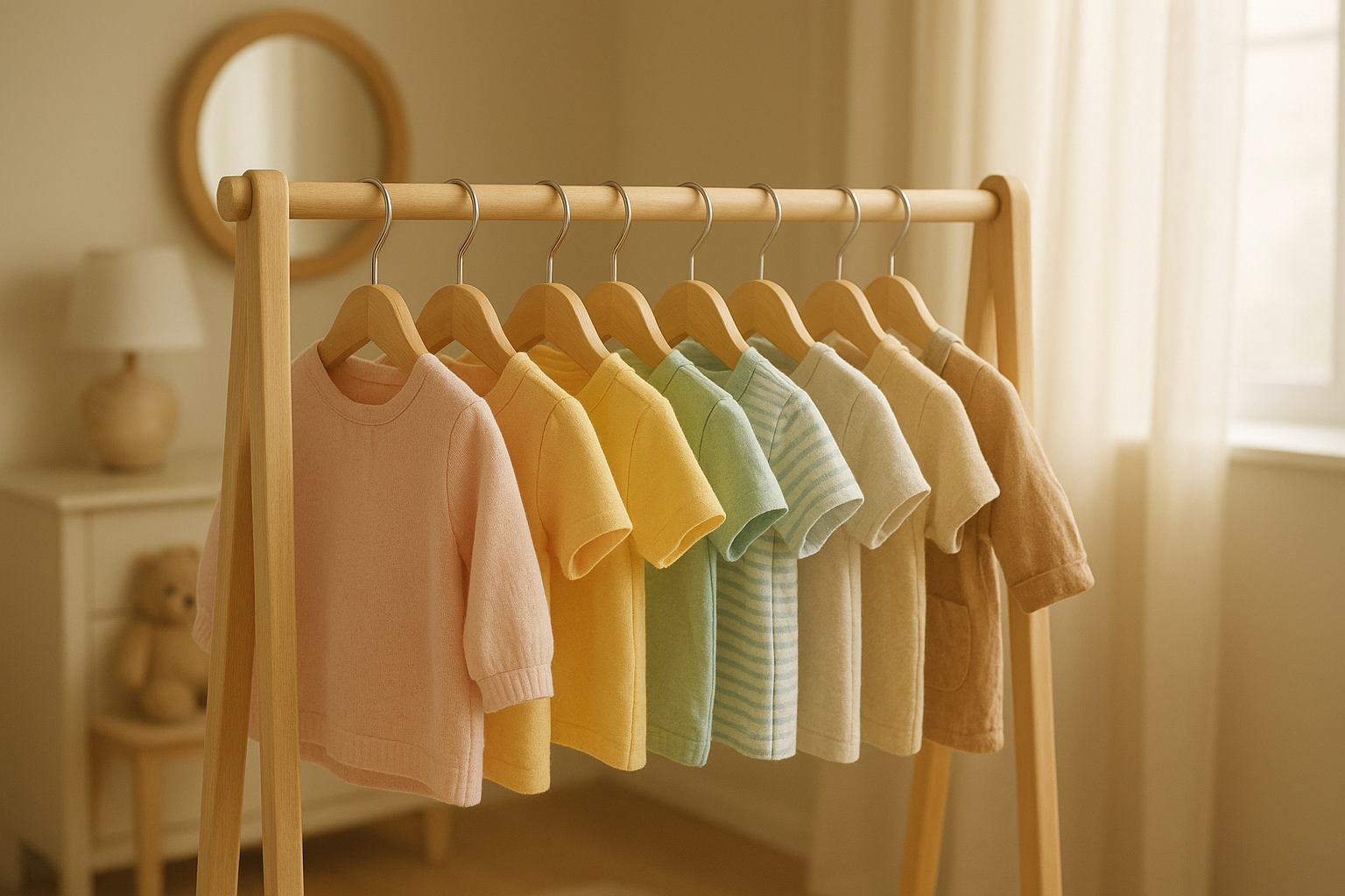 Rotating rack of children's clothing representing a kids wardrobe subscription service