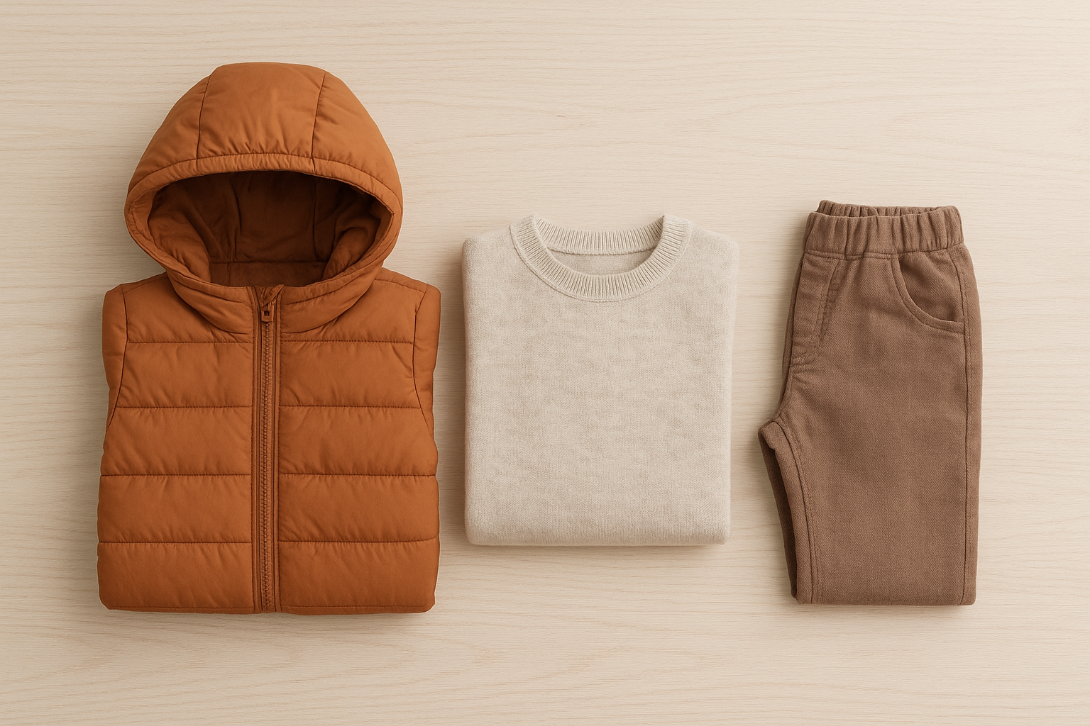 Flat lay of folded seasonal children's clothing representing a seasonal kids fashion subscription