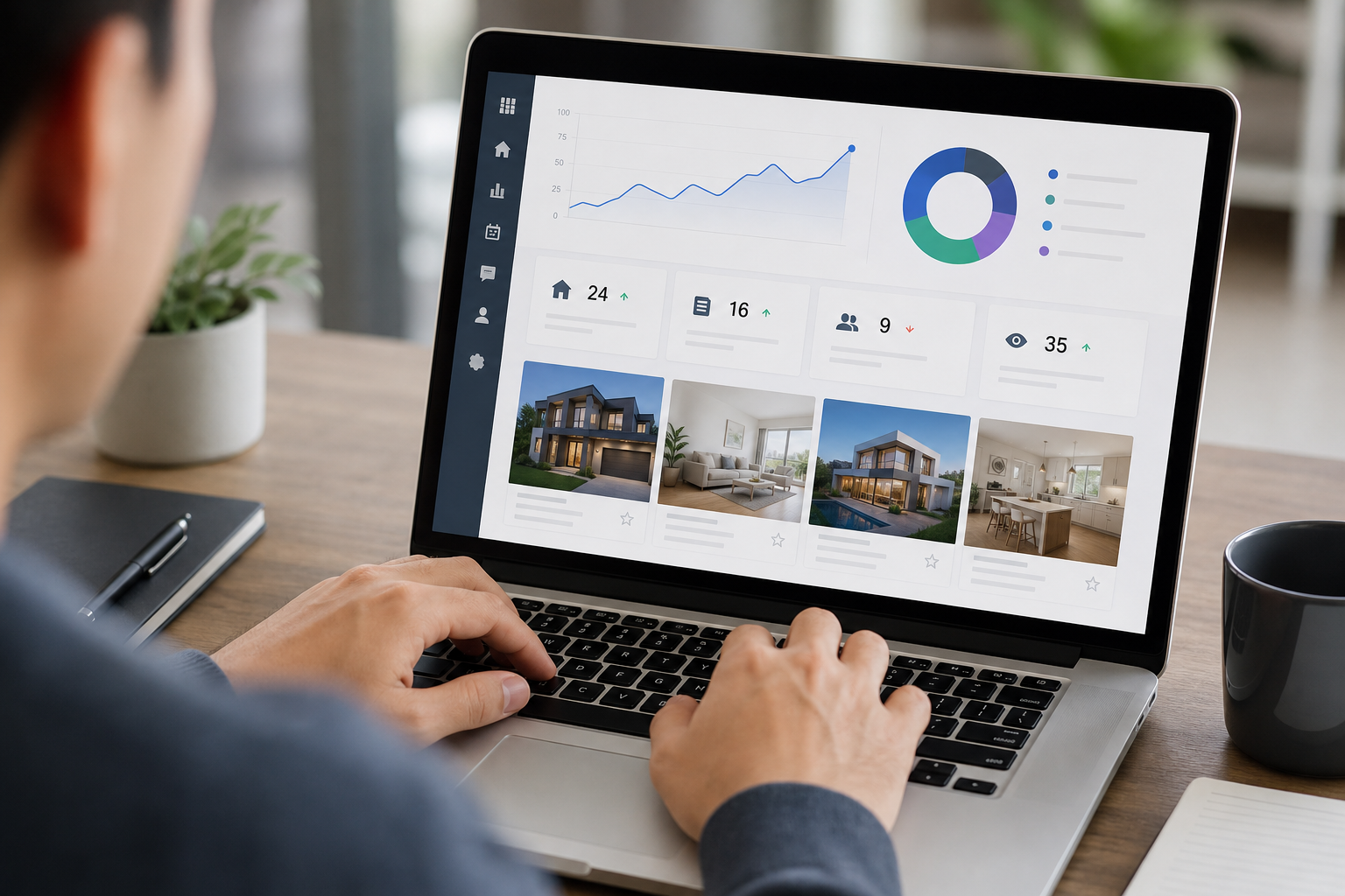 Agent reviewing property data charts on a laptop while preparing a seller presentation