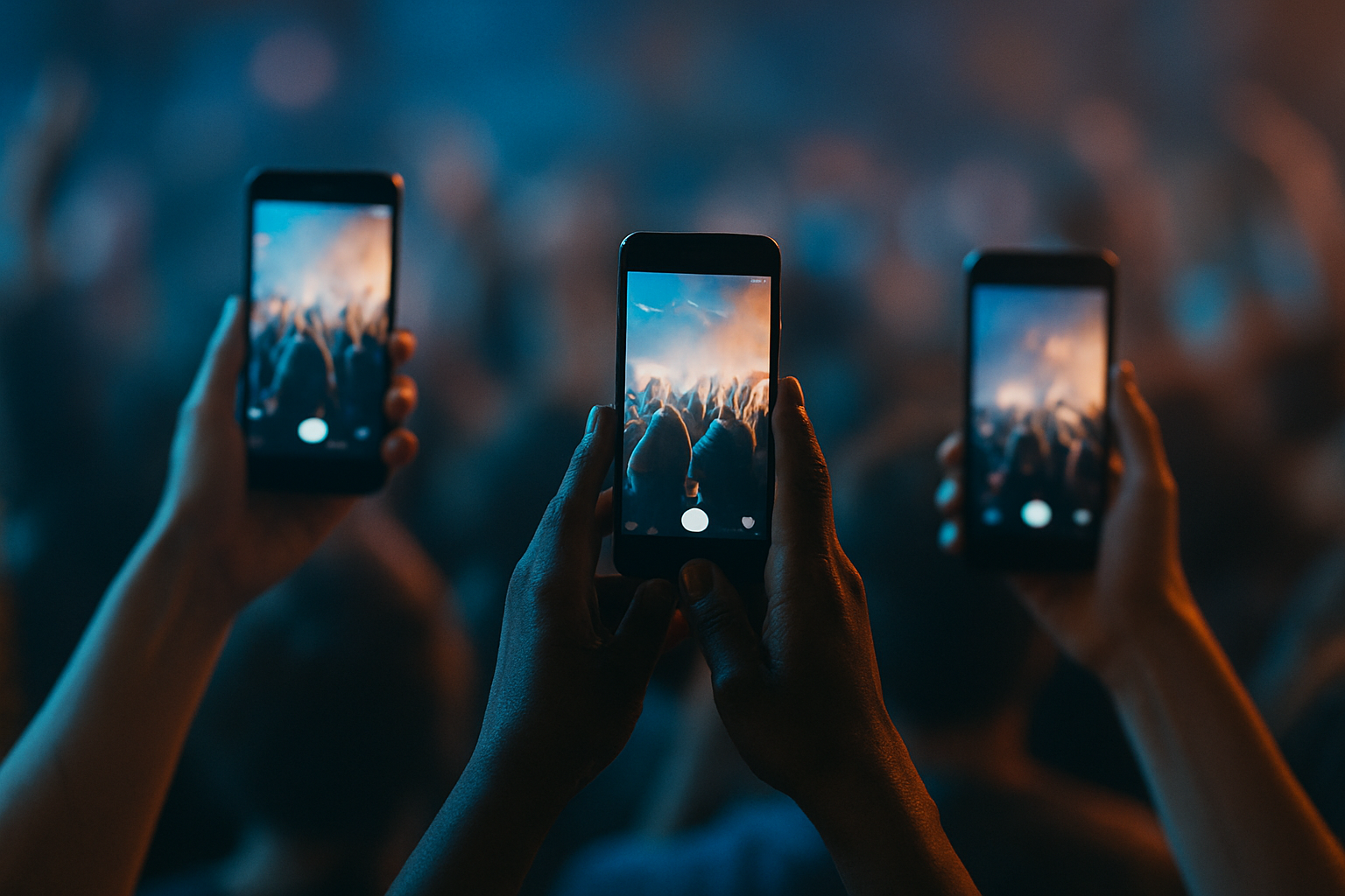 Fans filming a live crowd chant event on smartphones with glowing screens
