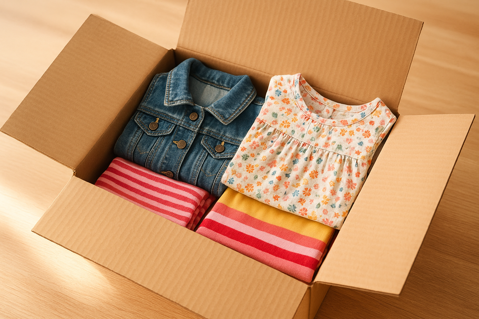 Fashion rental kids box opened on a wooden table showing curated premium children's clothing