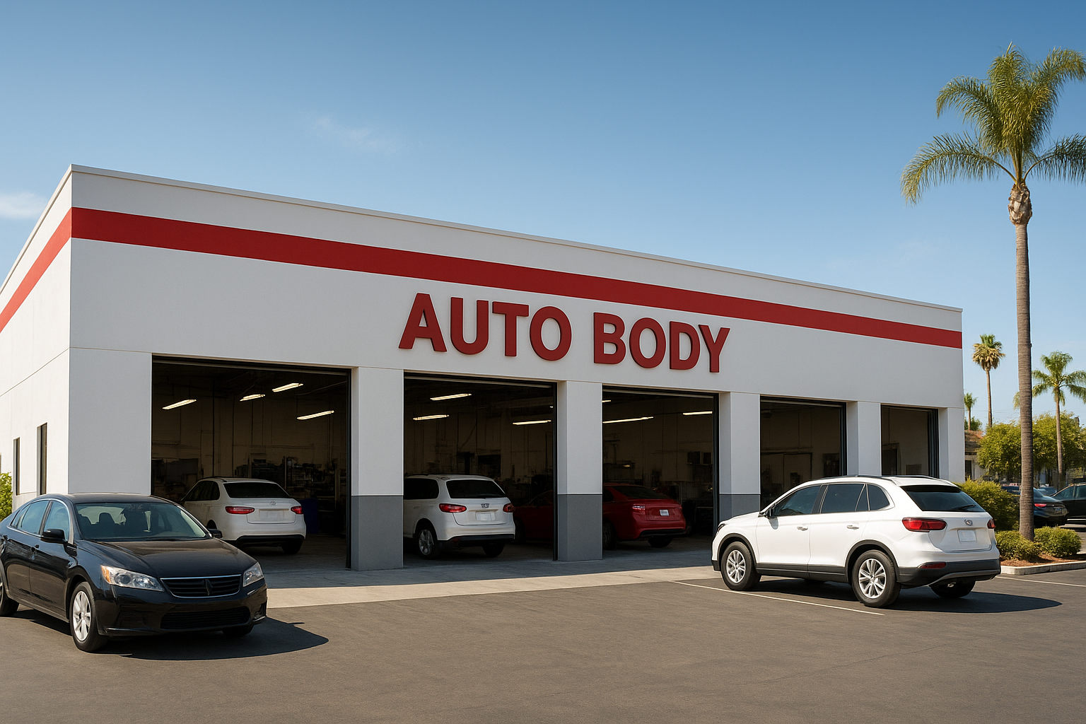 Orange body shop exterior in Orange County California with open service bays and parked vehicles