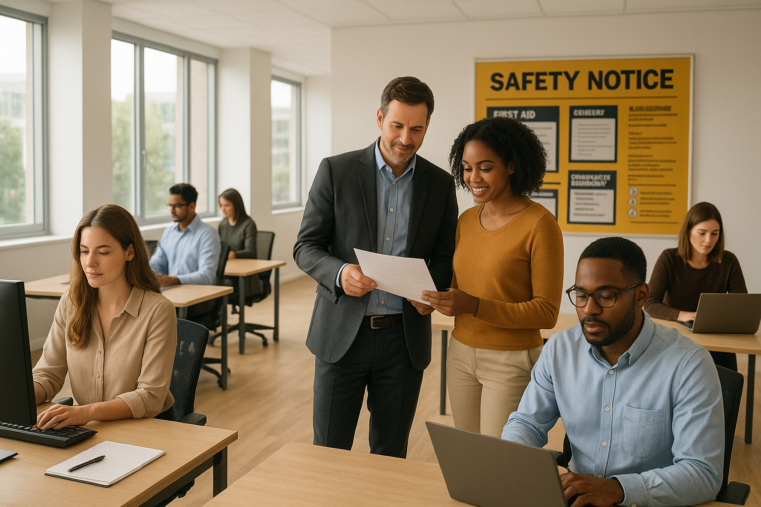 Compliant workplace showing what by law your employer must provide including safety notices and organized HR practices
