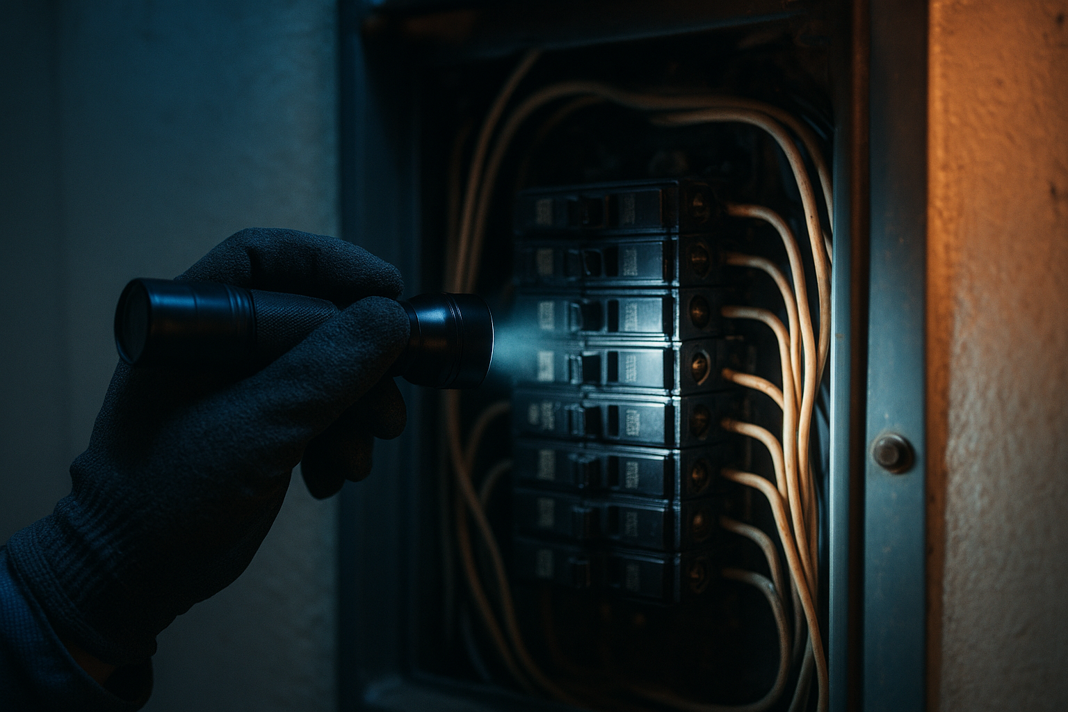 Inspector checking an electrical panel during a residential home inspection