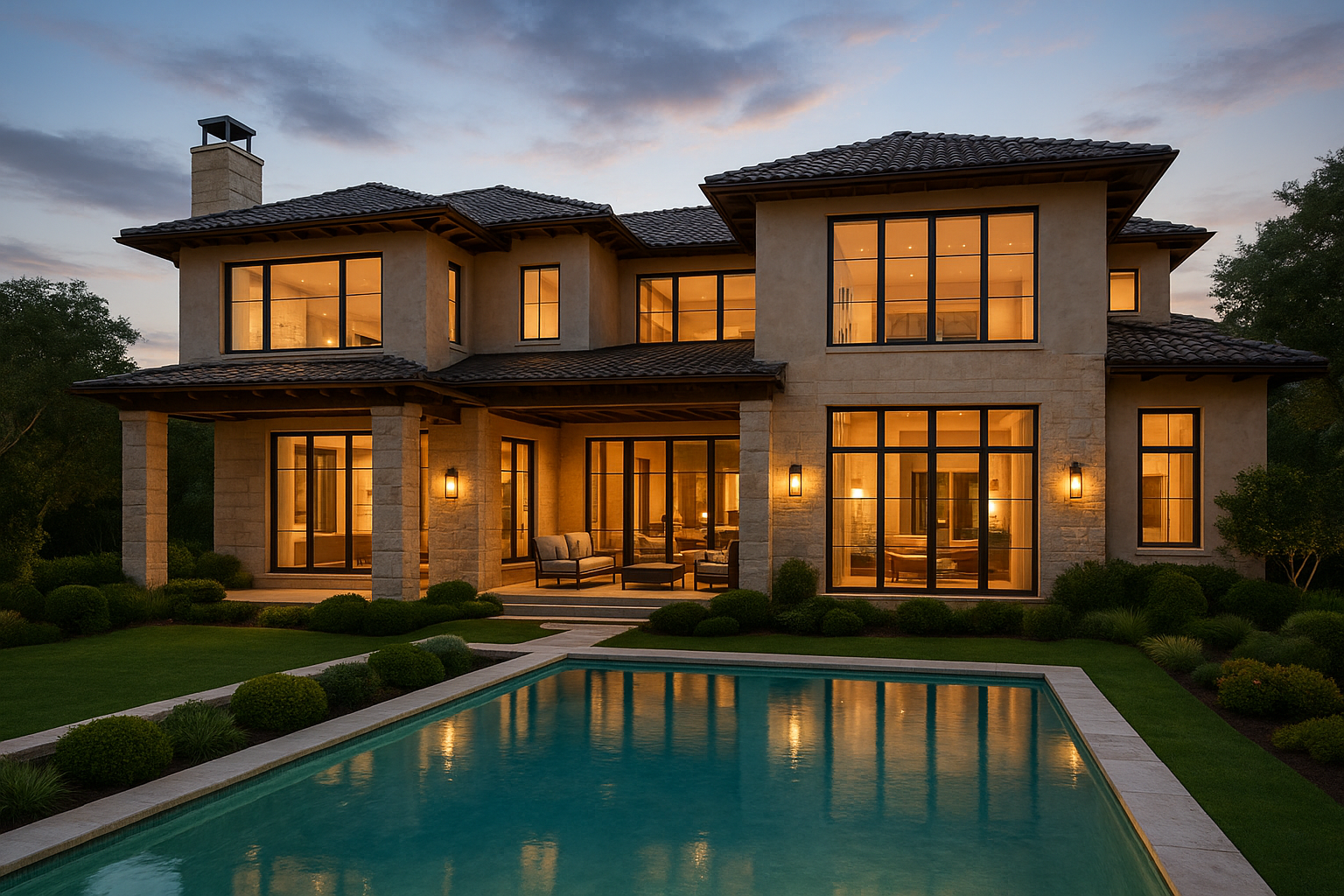 Upscale luxury residential home exterior near San Antonio at dusk