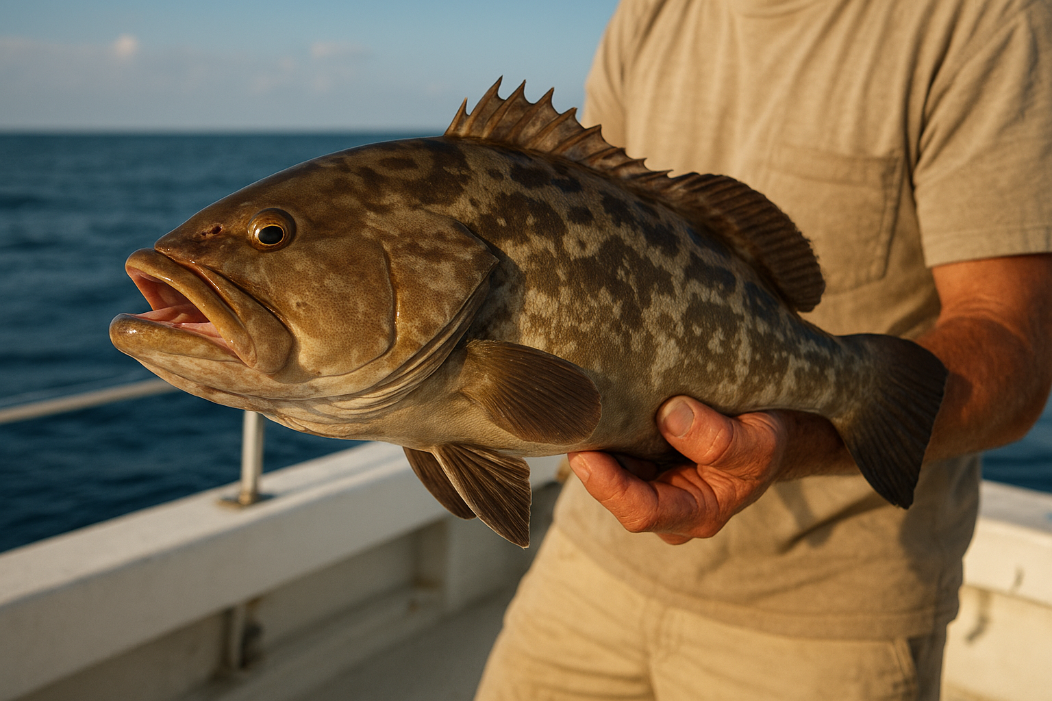 Angler holding a gag grouper caught during deep sea fishing for grouper in Myrtle Beach