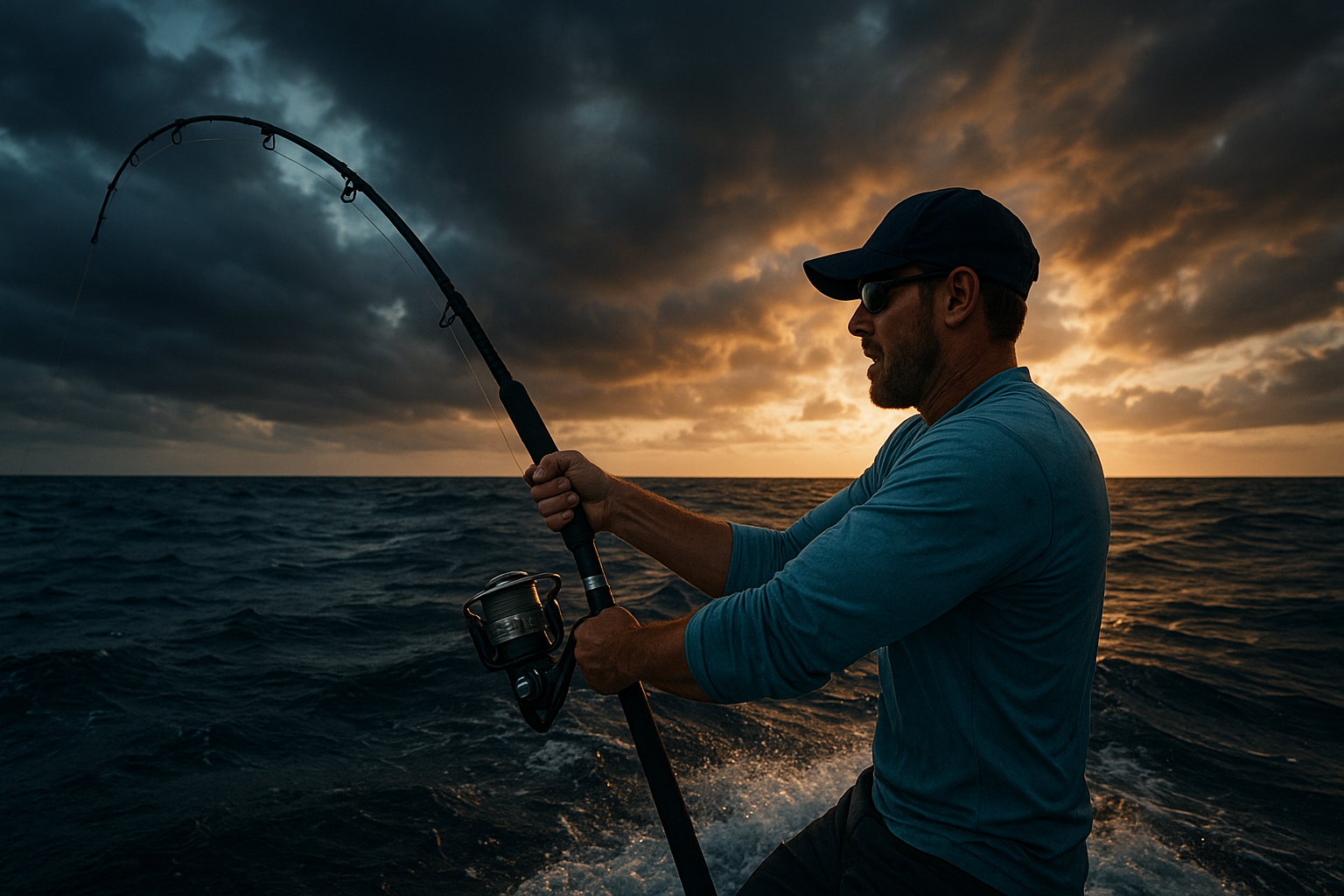 Angler fighting a fish during an offshore Gulf Stream fishing charter near North Myrtle Beach
