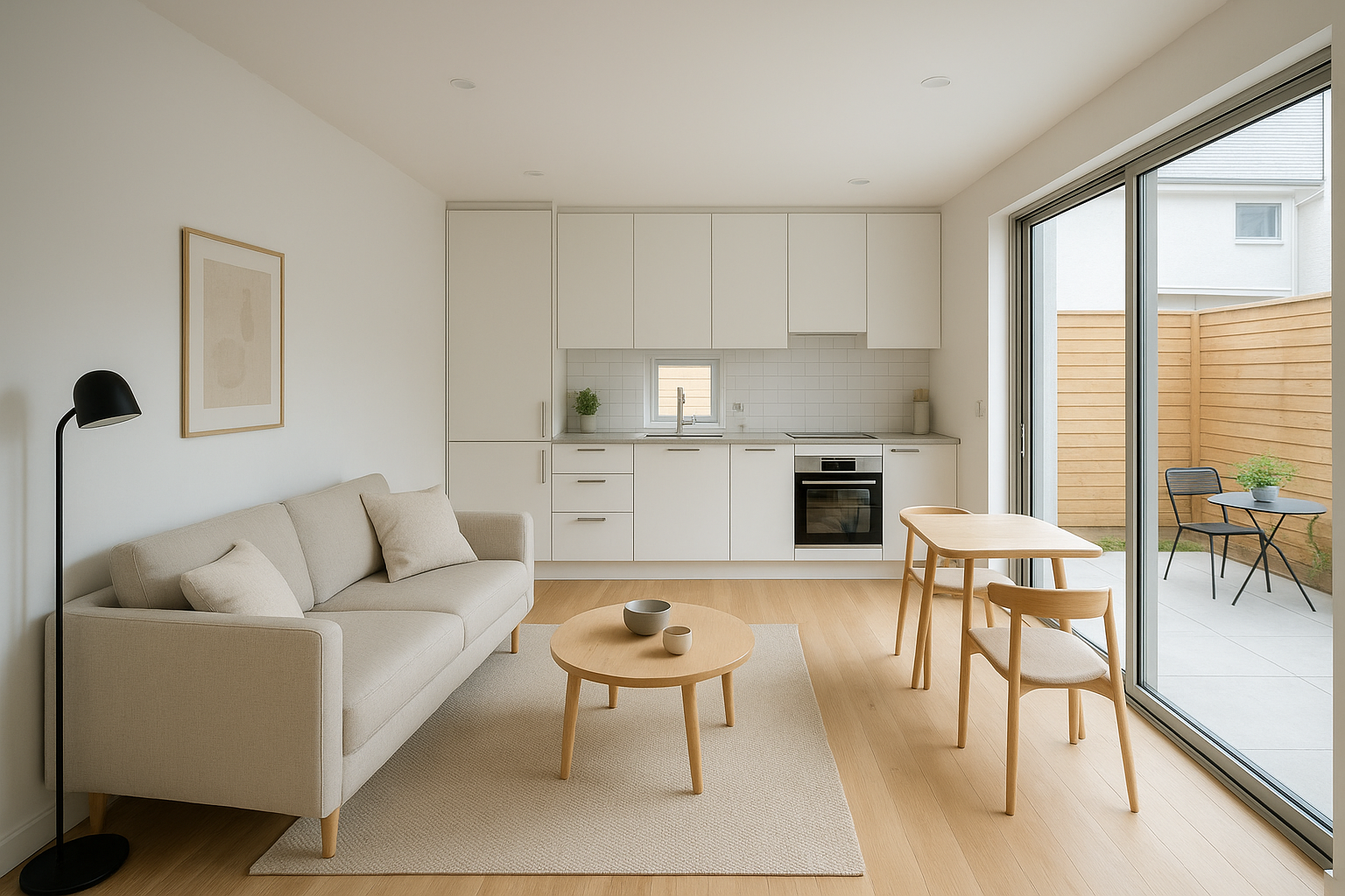 Bright open-plan interior of an 800 square foot ADU with oak floors and sliding glass doors