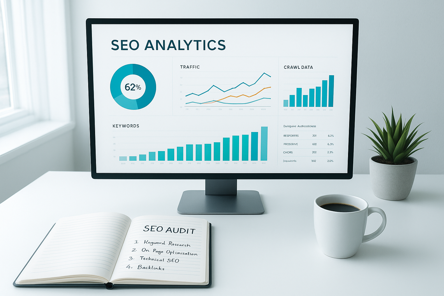 Website audit dashboard displaying SEO crawl data and performance charts on a desktop monitor