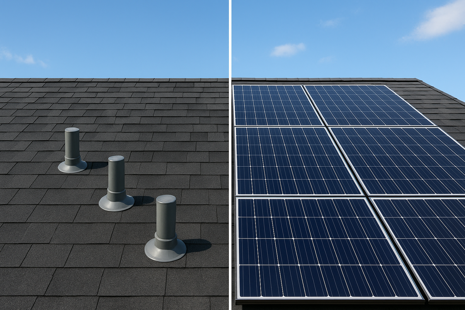 Comparison of a solar ready ADU roof with conduit caps next to a roof with installed solar panels