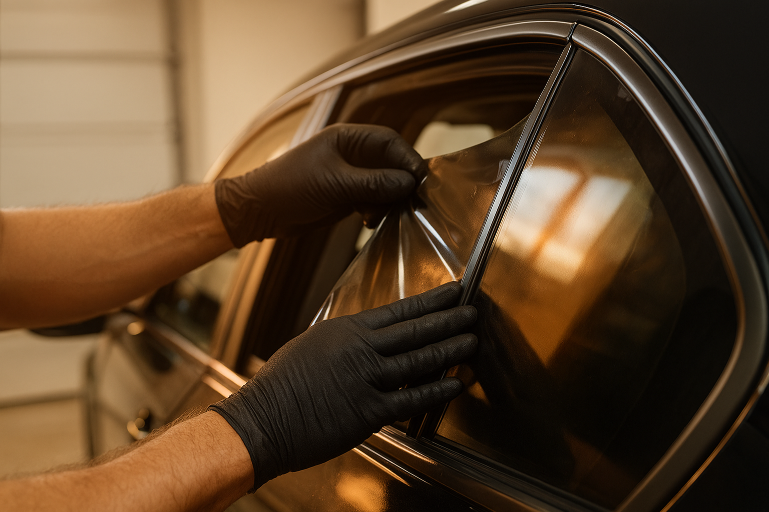 Technician installing ceramic window tint on a car window for UV protection