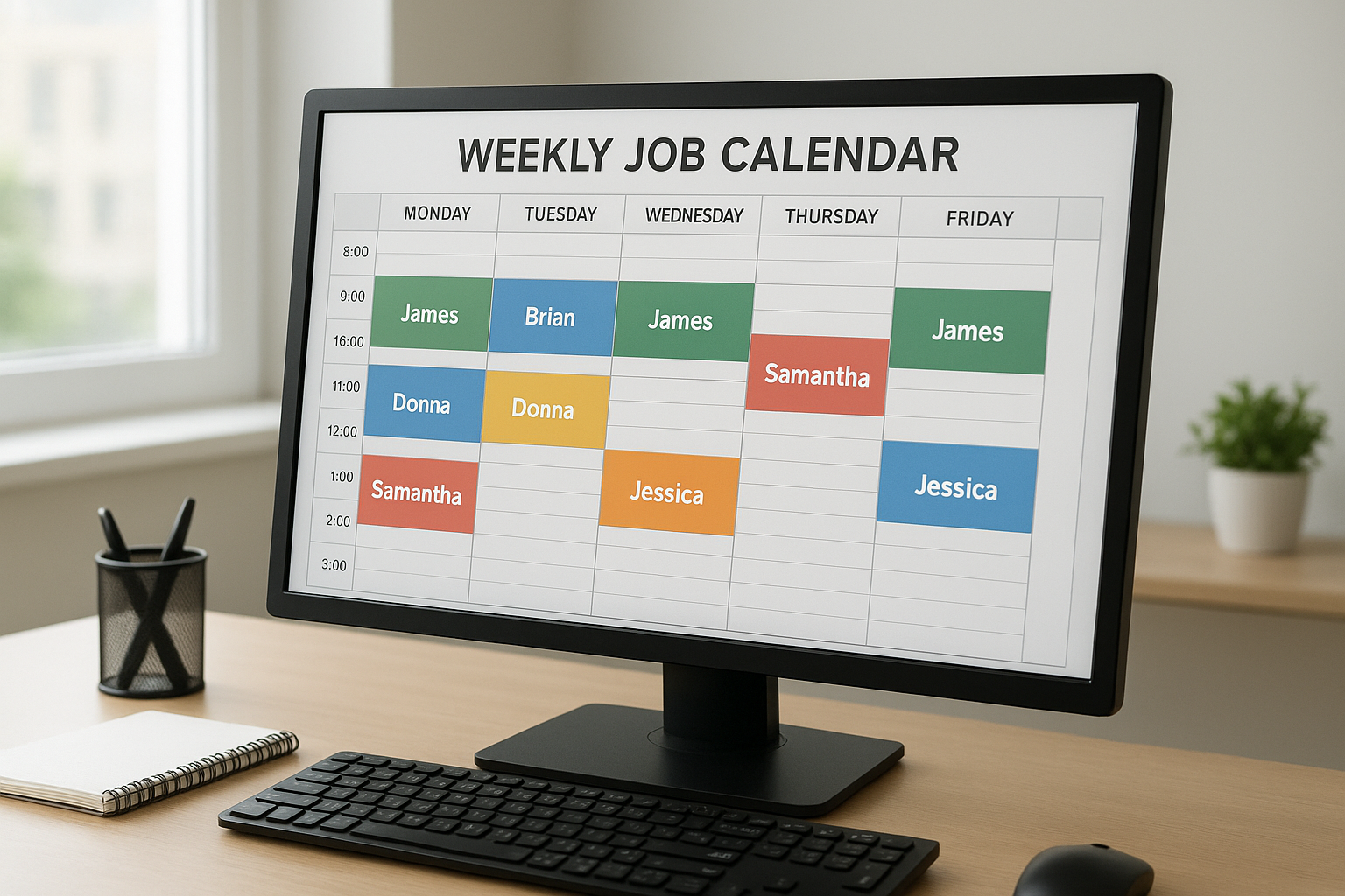 Dispatcher screen showing HVAC job scheduling calendar with technician assignments